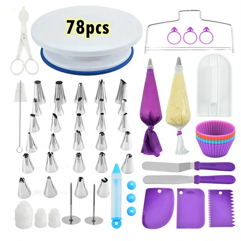 

2021 Amazon Hot-sale 78 pcs cake Decorating Tools Kit Turntable Pastry Nozzles Flower nail cutter For mother's Day gift