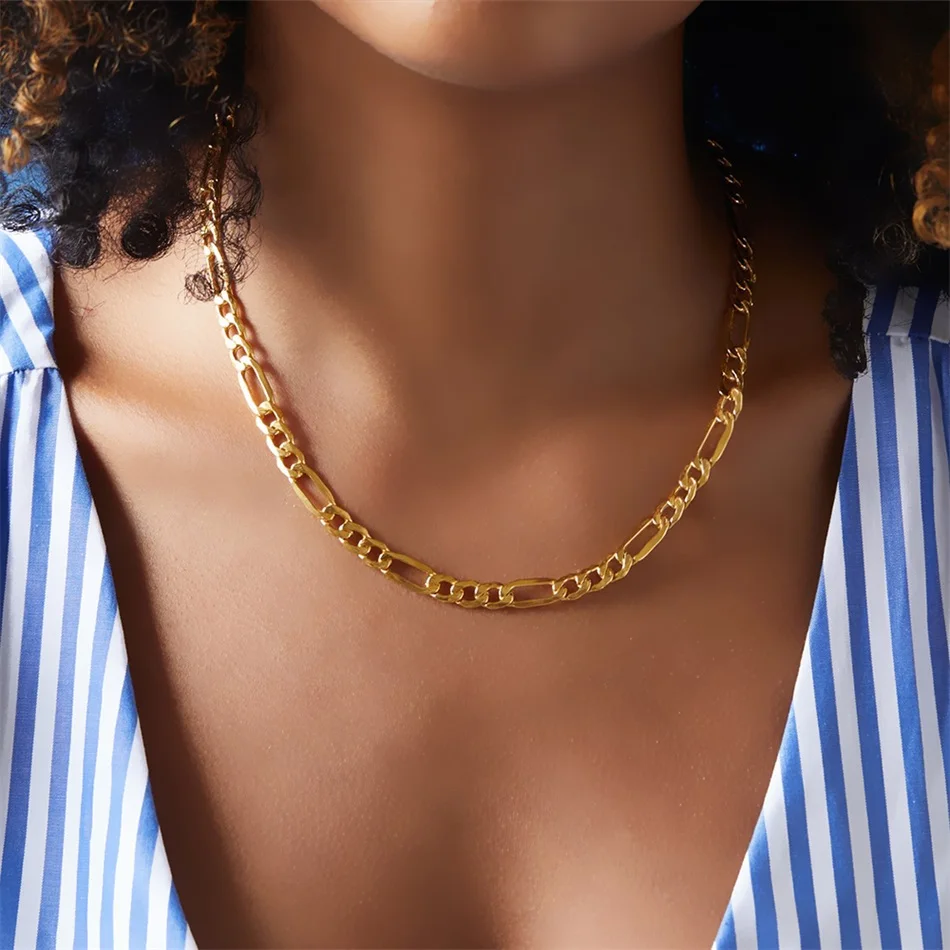 

JUJIE Hip-hop stainless steel necklace 14K gold men's trend figaro chain choker jewelry, Silver/gold