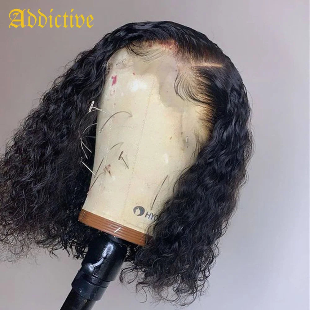 

Addictive 10inch brazilian remy hair pixie curly lace frontal wig deep wave afro curly 13x4 hd transparent short bob wig