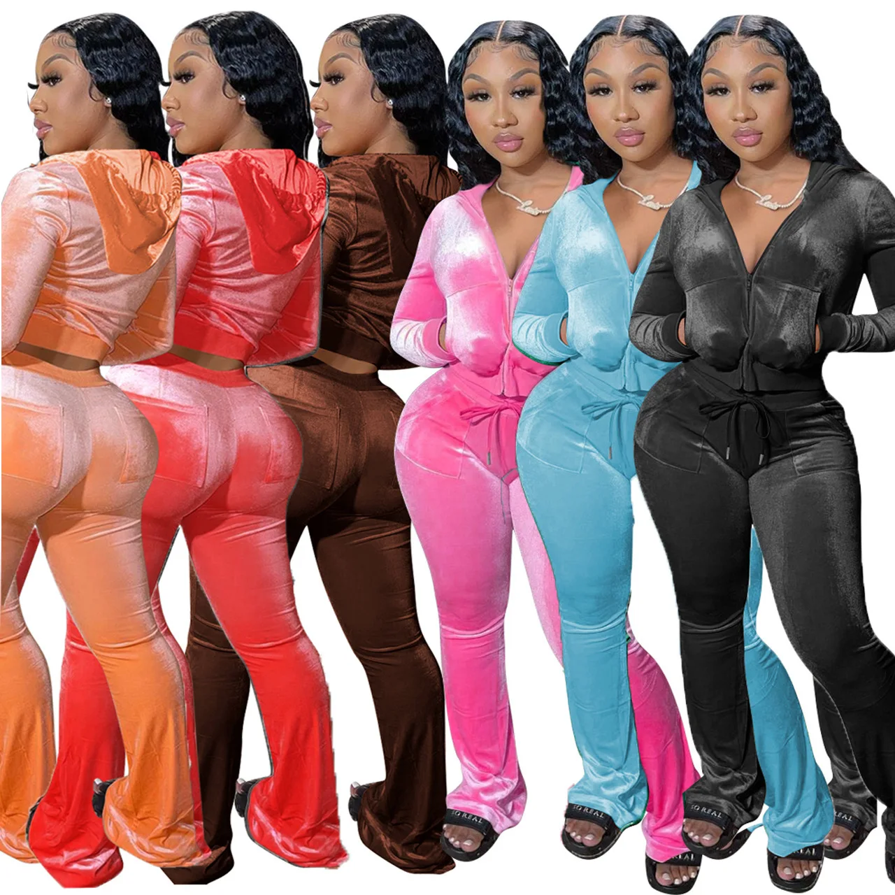 

New Wholesale Zipper Pullover Cotton Sweatpants Women's Hoodies Set, Pink, orange, red, black, brown, sky blue