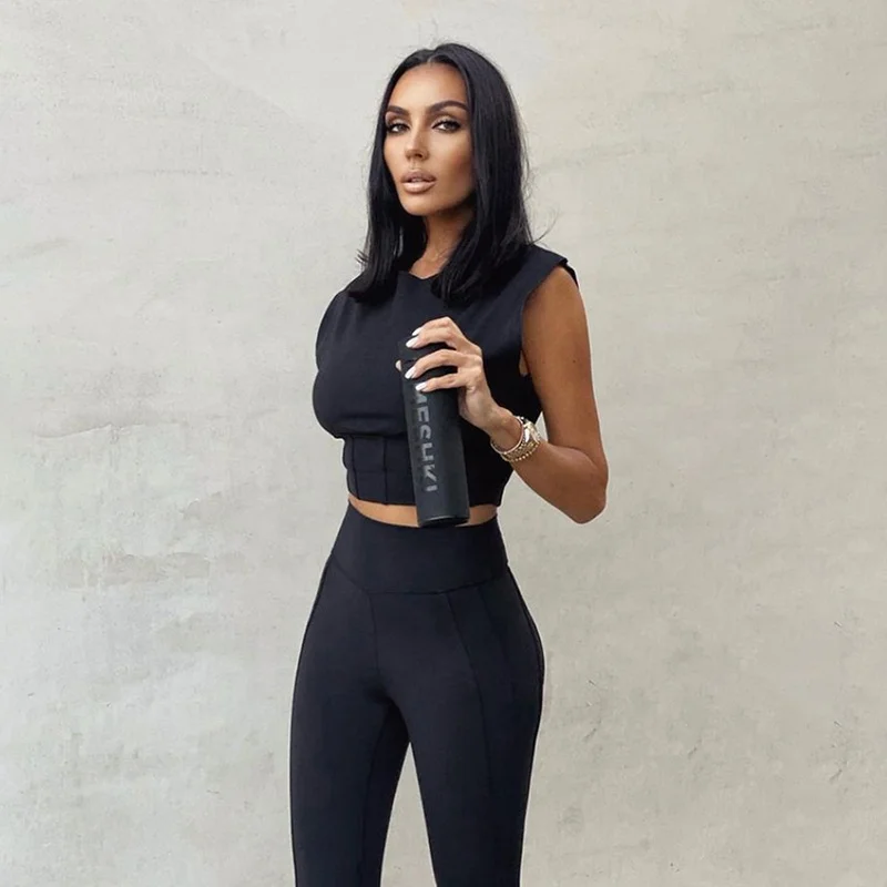 

wholesale factory spring summer tank top jogger pants set waist trainer gym leggings tracksuits for women