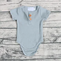 

Newborn baby clothes romper short sleeves solid snap button wood button placket cotton ribbed baby onesie