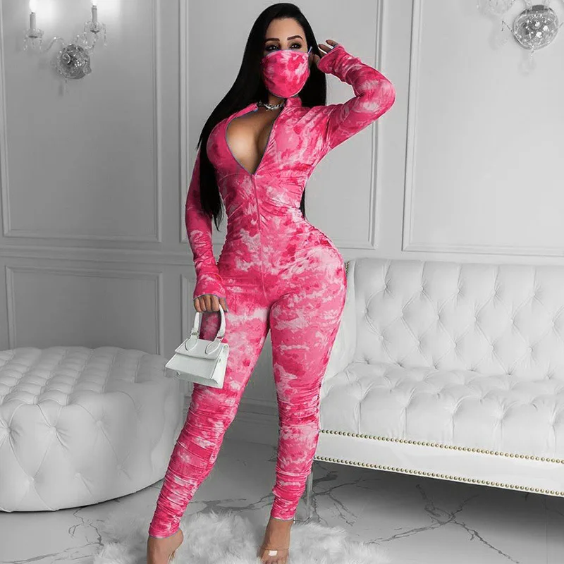 

2020 New Fashion Fall Winter Tie Dye Long Sleeve Zipper Women Gym Jogging Suit Stacked Pant Workout One Piece Jumpsuit, Women's yoga sets