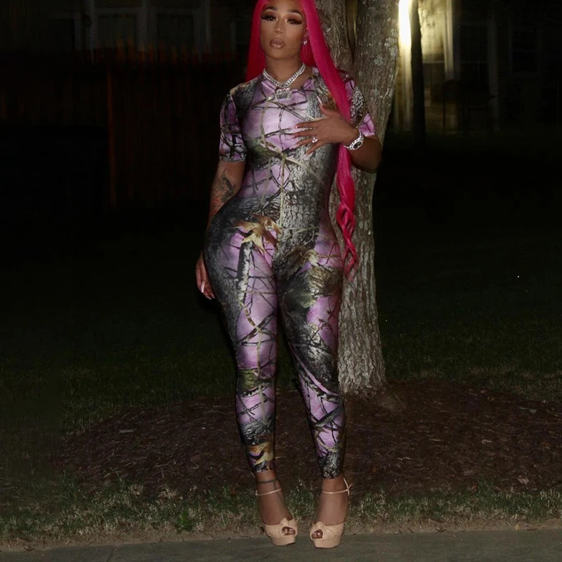 

Bomblook A20726J Leaf Print Women's Jumpsuits O-Neck Short Sleeve Skinny Overalls 2021 NEW Arrival Streetwear