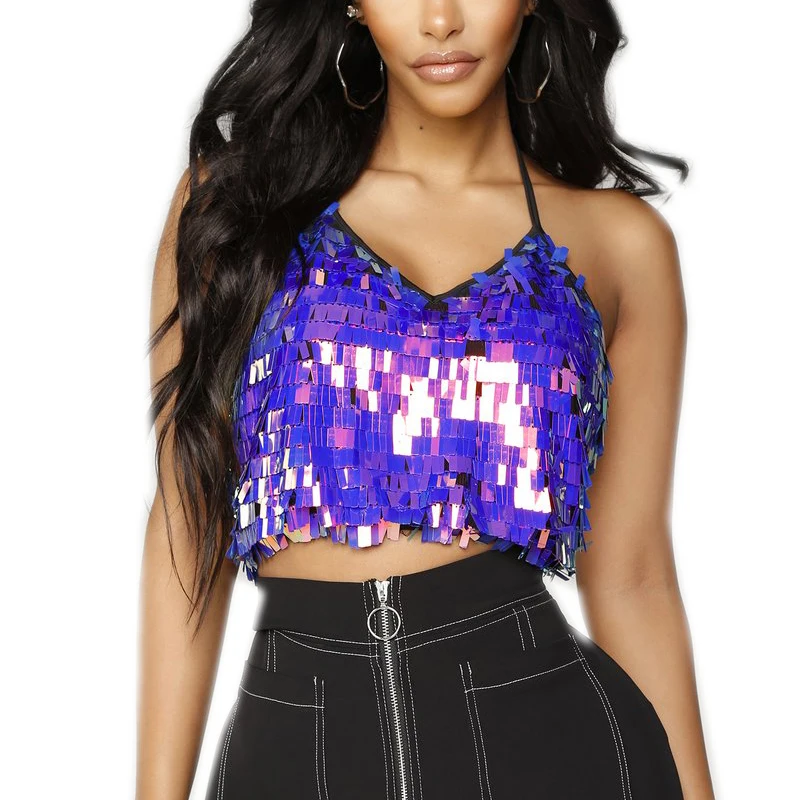 

European And American Fashion Custom Ladies Clubwear Sexy Halter Sequin Crop Tops, Any color