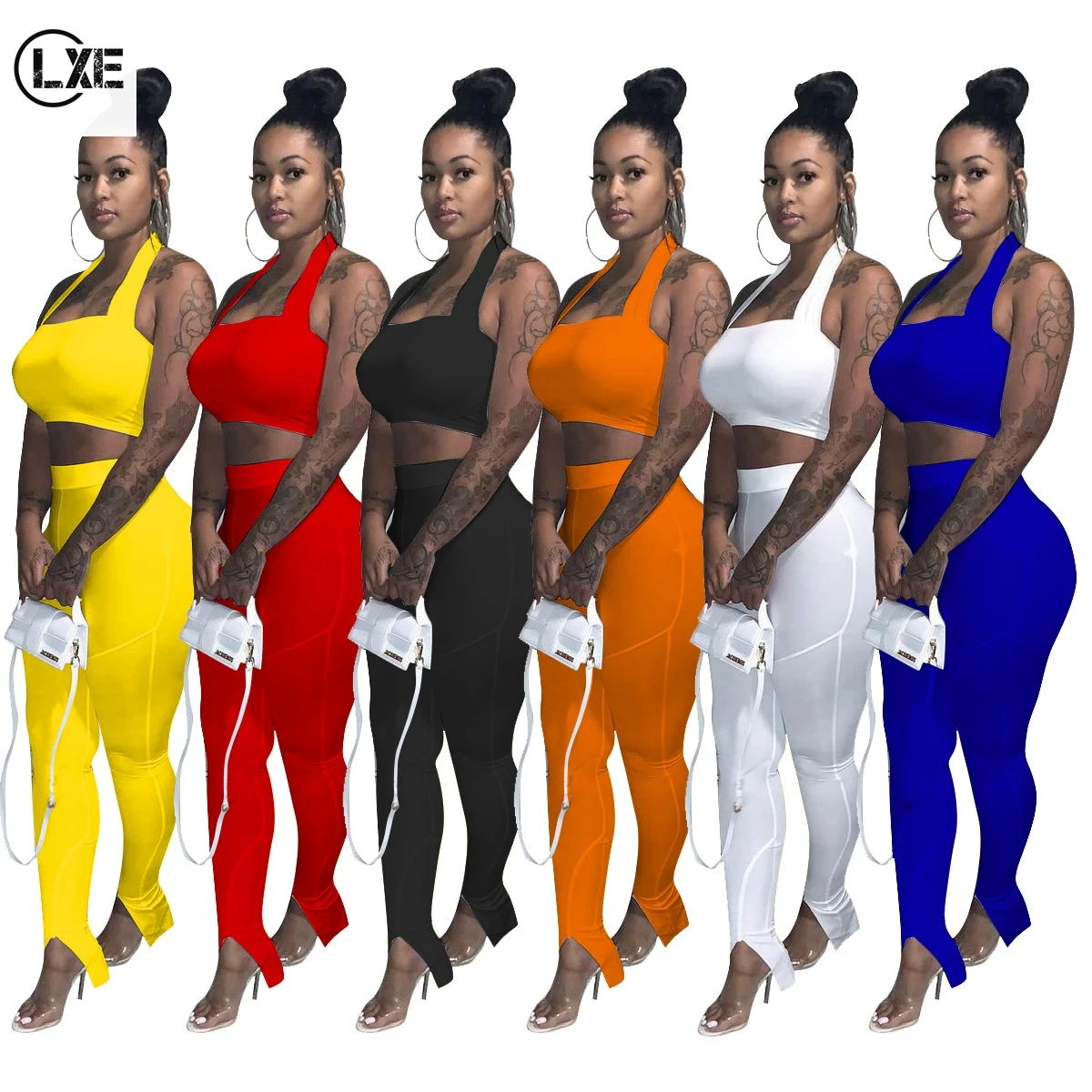 

LXE247 Pure Color Halter Crop Top With Pencil Pants Woman Matching Set 2021 Spring Two Piece Set, White,yellow,orange,red,black,royal blue