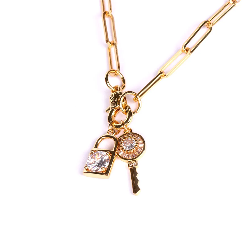 

Sailing Jewelry Hip Hop Style Punk Necklace Gold Plated Choker Lock Necklace CZ Link Chain Key Padlock Pendant Necklace