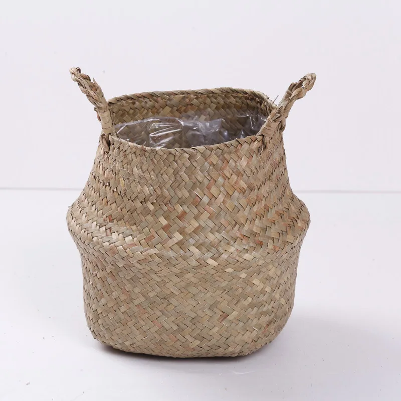 

L Natural Multi Flower Plants Pots Straw Woven Seagrass Belly Storage Basket, Primary colors