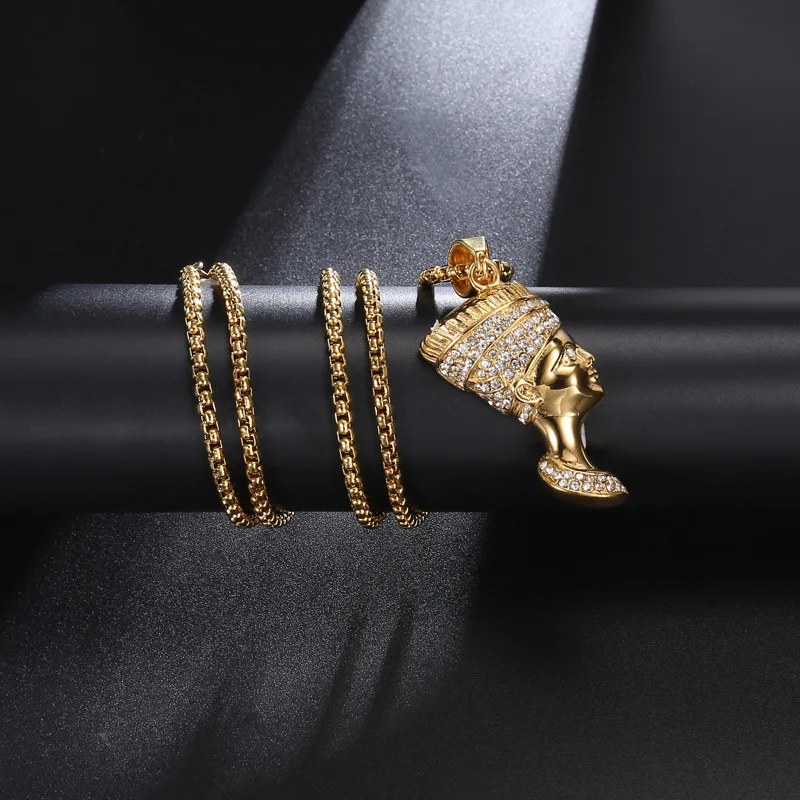Hip Hop Micro Egyptian Queen Nefertiti Pendant Ball Box Chain Necklace FMMP67