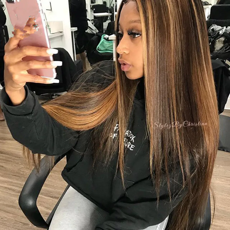 

12A Brown Highlight Wig Ombre Blonde Highlighted Wigs 150%Brazilian hd transparent Highlight Lace Front Human Hair Wig