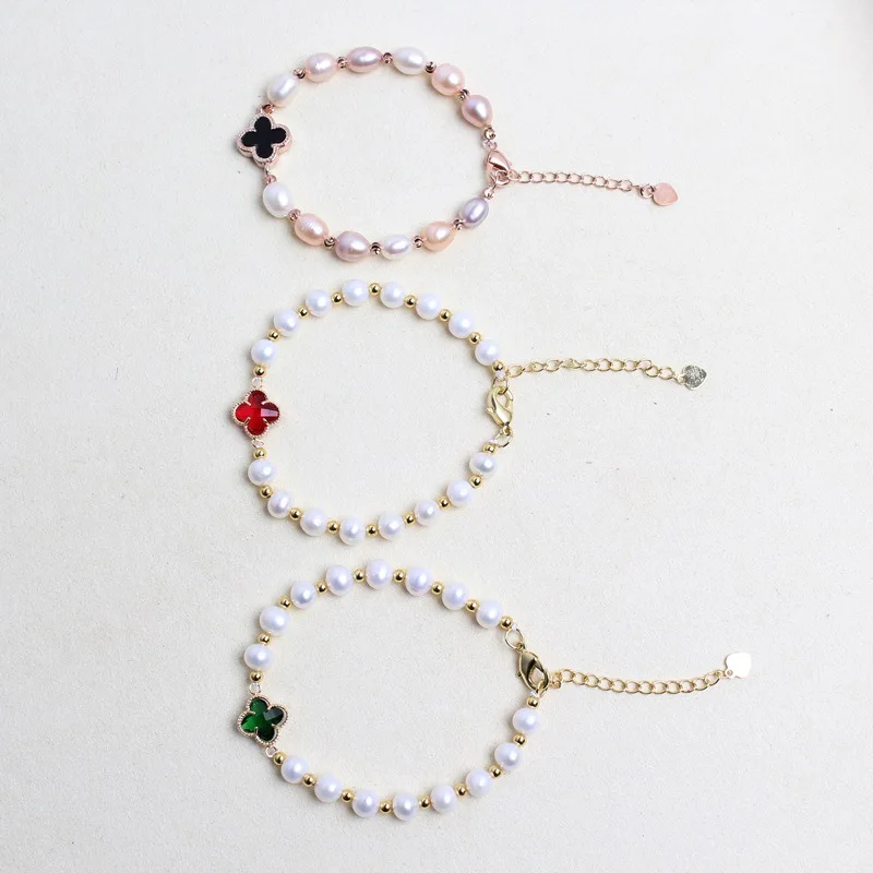 

Color-preserving electroplated four-leaf clover freshwater pearl bracelet