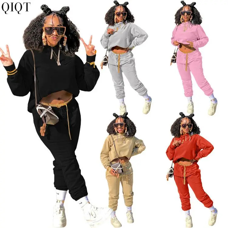 

Fashionable Loose Solid Color Customize Logo Hoodies Casual Tow Piece Jogger Pant Set Crop Tops Women Autumn Set