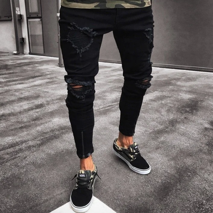 

Mens Side Zipper Ripped Biker Jeans Casual Cotton Slim Skinny Denim Pants