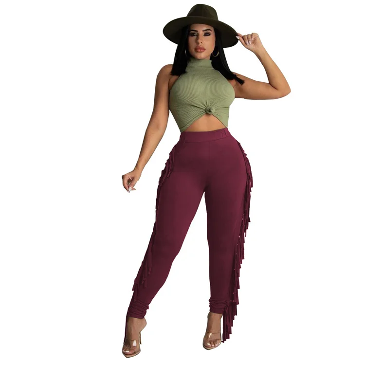 

LvCong Wholesale fall clothes plus size high waist workout sexy tight street wear women's tassel pants