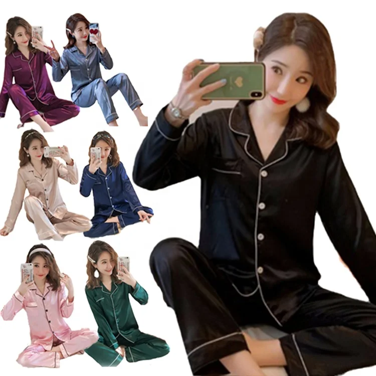 

Female 10 colors hot Pjs Button Down Sleep wear Solid Sleepwear Long Sleeve Soft Pyjamas set 2 piece Satin Silk Women Pajamas