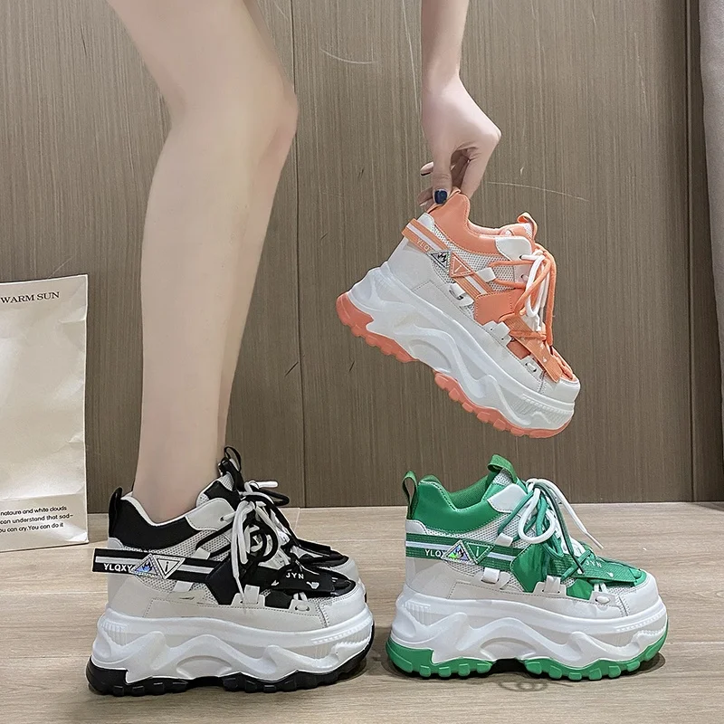 

New Designer Shoes Woman Wedges Platform Fashion Sneakers Lace-Up Tenis Feminino Casual Chunky Sneakers Ladies Zapatos Mujer, Orange,black,green
