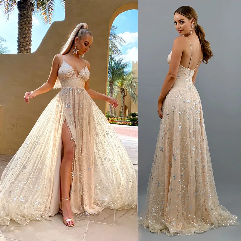 

Elegant Evening Dress Ladies Sexy Prom Dress Backless Spaghetti Slip Women V-Neck Dress Sequined Decor Bridesmaid's Gown