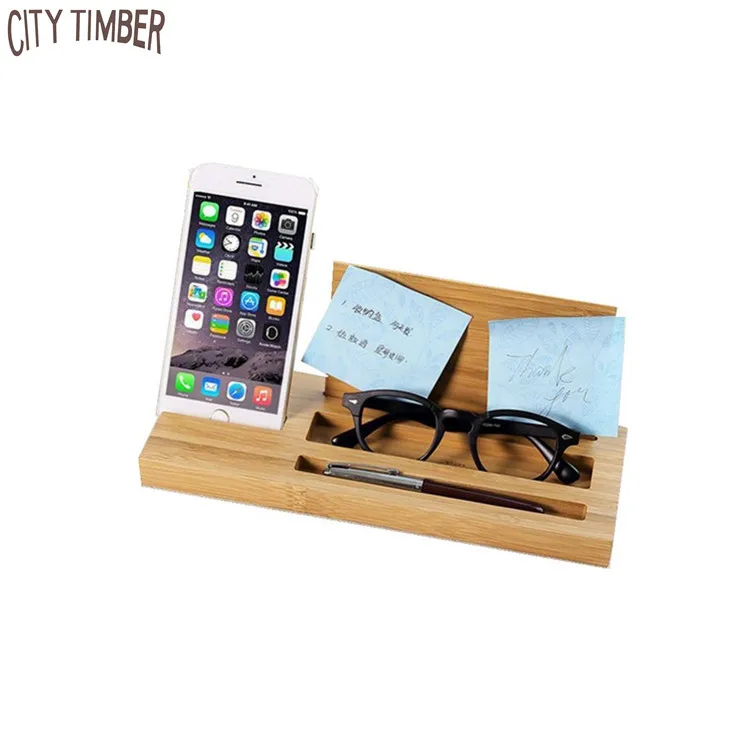 

creative office desktop bamboo wood storage organizer phone stand pen holder eyeglass rack note paper display stand, Natural bamboo color