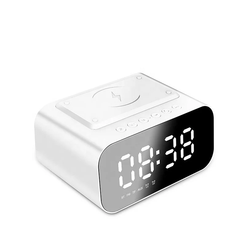 

Hot Sale LED Display 5W Wireless Charging Alarm Clock Wireless Speaker Blue tooth with TF card, Aux in
