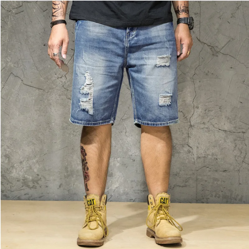 

CKDN2172 2021 Ripped Holes Straight Trend New Plus Size Five-Point Jeans Men's Shorts Blue Men's Jeans Shorts, As pic