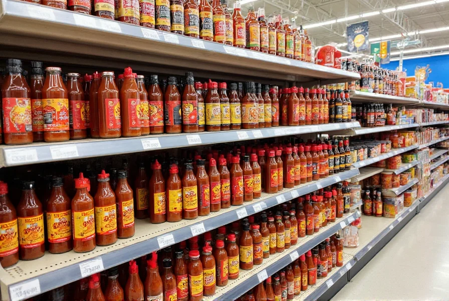 Walmart store aisle showing various chili sauce brands arranged on shelves