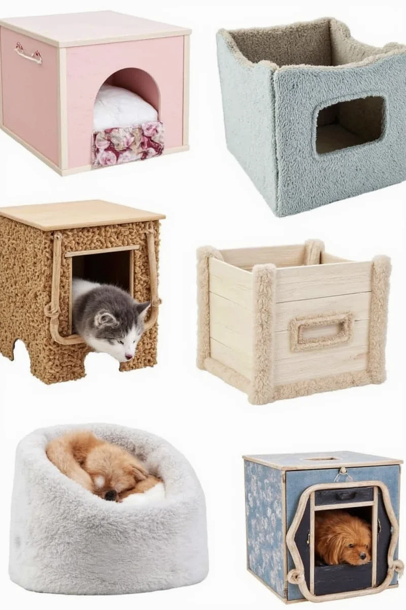 A DIY roll-out pet nest made from reclaimed wood and lined with soft grey felt, placed beneath a floating bookshelf for a rustic-modern vibe.
