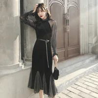 

Wholesale fashion roll neck long sleeve women sexy black sequined fishtail midi long dress for autumn summer ladies skirts