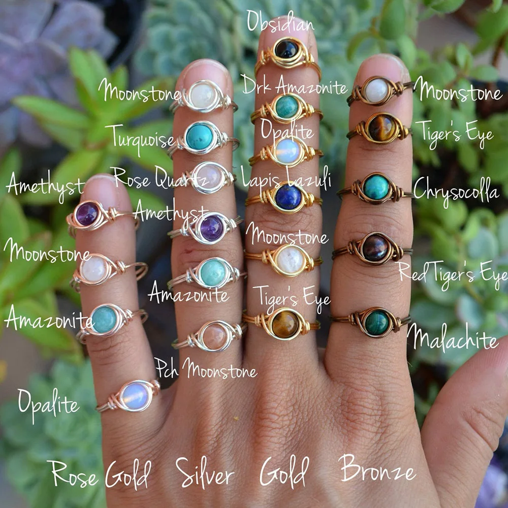 

Handmade gemstone round moonstone agate tiger eye wire wrapped crystals healing stones rings, Gold color