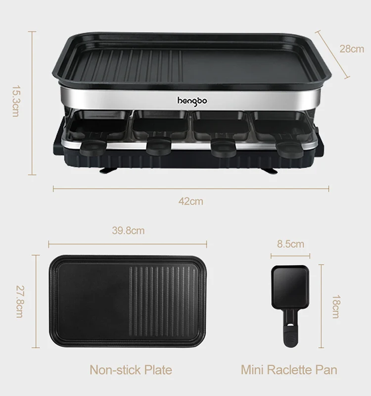 
8 Mini Pans, 1500W Griddle with Non-Stick Coating Grill Plate with Flat & Ridged Surfaces Indoor electric bbq Raclette Grill 
