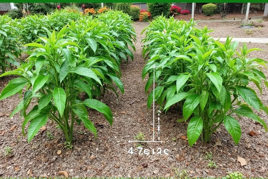 Properly spaced pepper plants showing optimal distance between plants in a garden bed with clear measurements