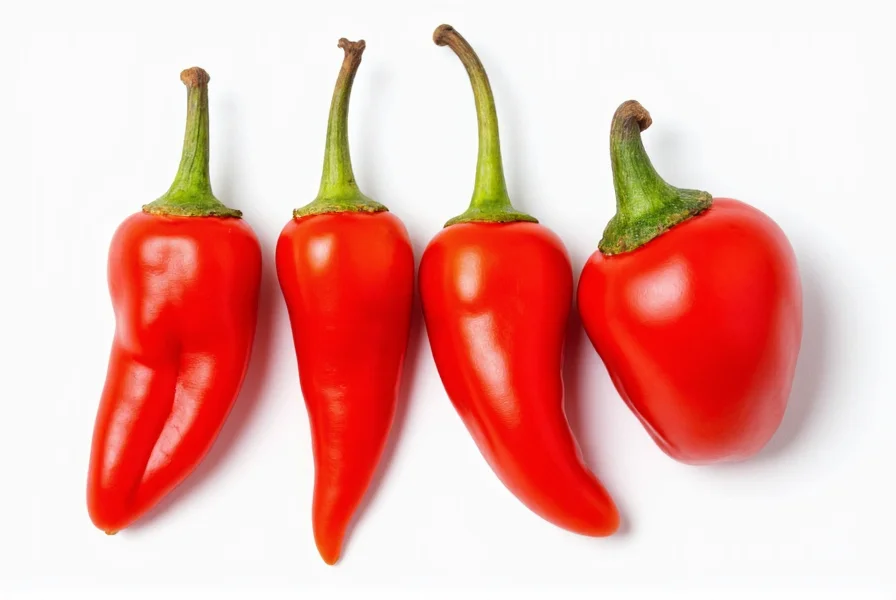 Close-up comparison of four small red pepper varieties showing size differences: Thai bird's eye, cayenne, pequín, and chiltepin peppers arranged by size