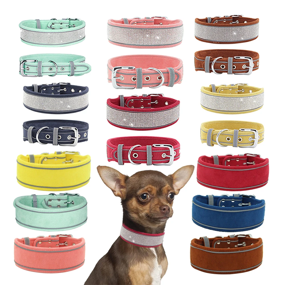 

Pet Bright Reflective Stripe Safety Luxury Diamond Crystal Suede Collar Bling Rhinestone Adjustable Cat Dog Collar, Picture shows