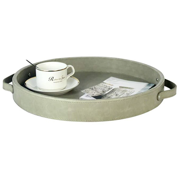 Pu Leather Round Serving Decorative Tray With Handles Coffee Tray