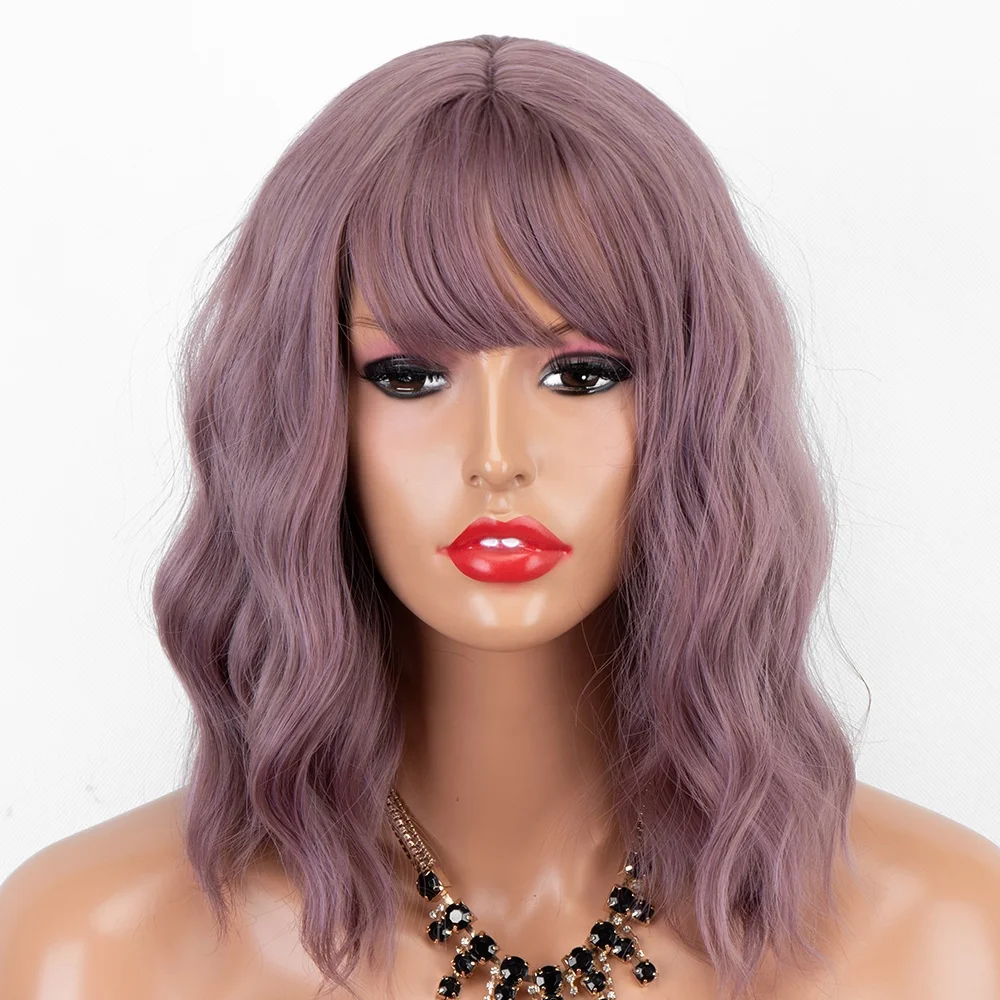 

Aliblisswig Natural Looking Pastel Purple Short Wavy Bob Heat Resistant Fiber Hair None Lace Synthetic Wigs with Full Bangs