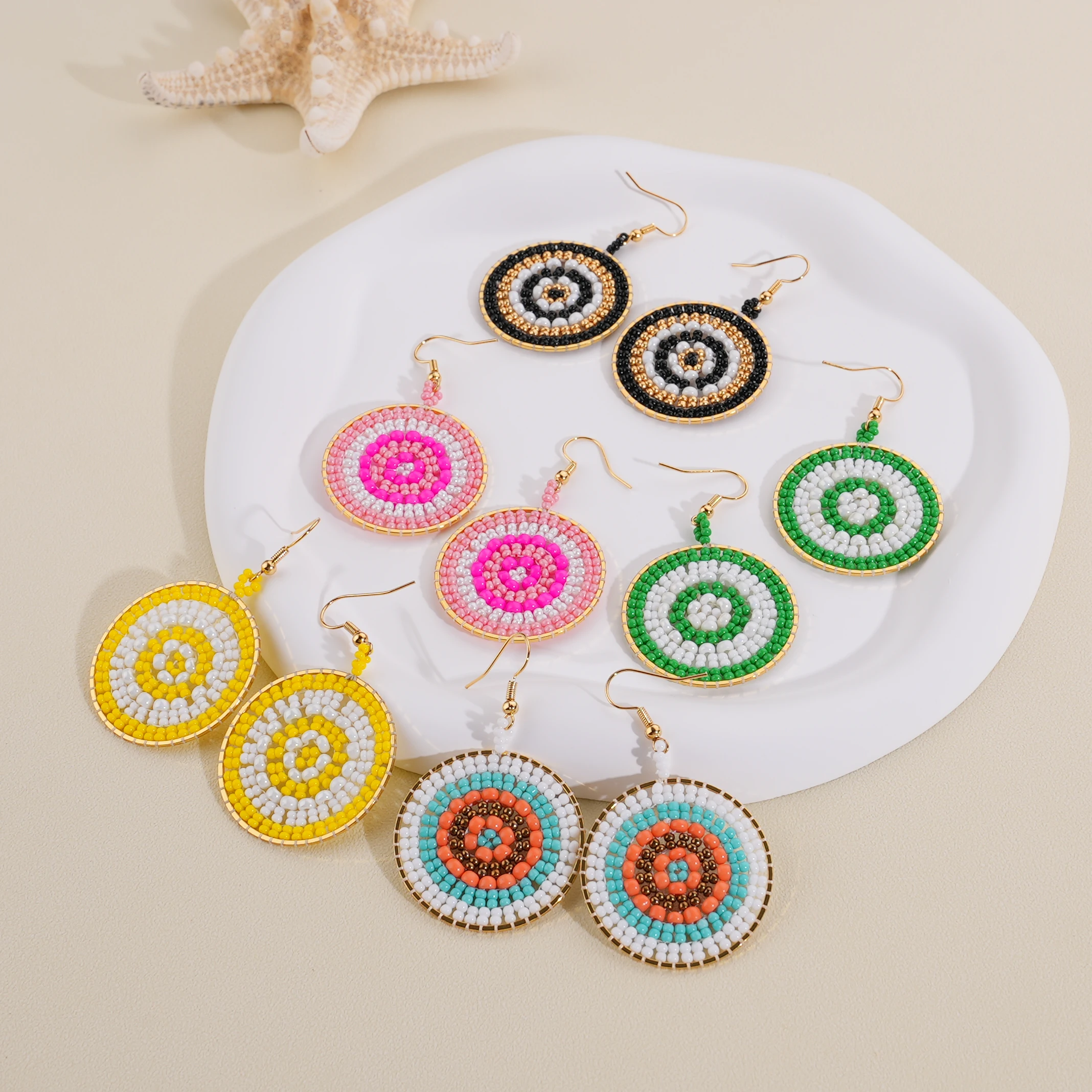 

Boho Hand Made Jewelry Mardi Gras Bezel Colorful Dangle Hanging Round Miyuki Bead Delica Earrings