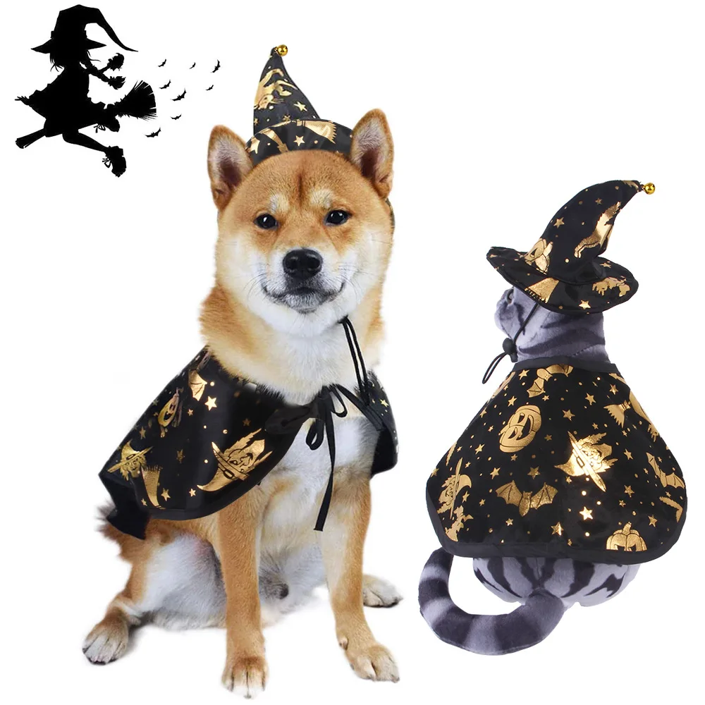 

2021 Spot New High Quality Halloween Cat And Dog Print Wizard Cloak Hat Set, As picture