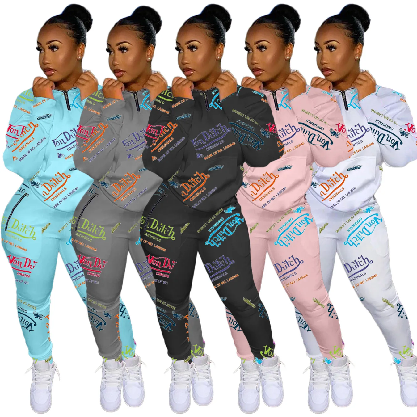 

2021 Fall Winter Von Dutch Outfits Women Graffiti 2 Piece Sweatsuit Cotton Two Piece Pants Set Women Clothing with Pockets