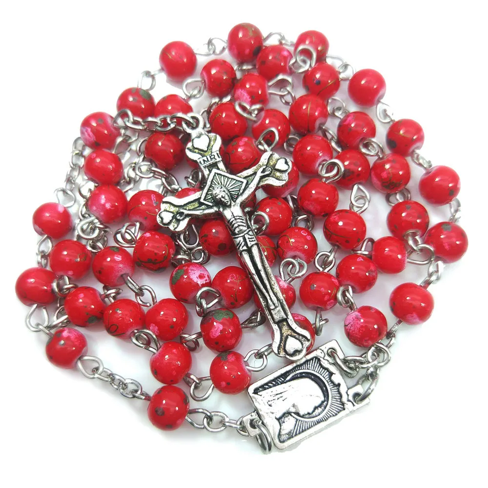 

2021 Komi Wholesales Religious Gift Red Glass Beads Necklace Virgin Mary Cross Pendant Rosary Necklace