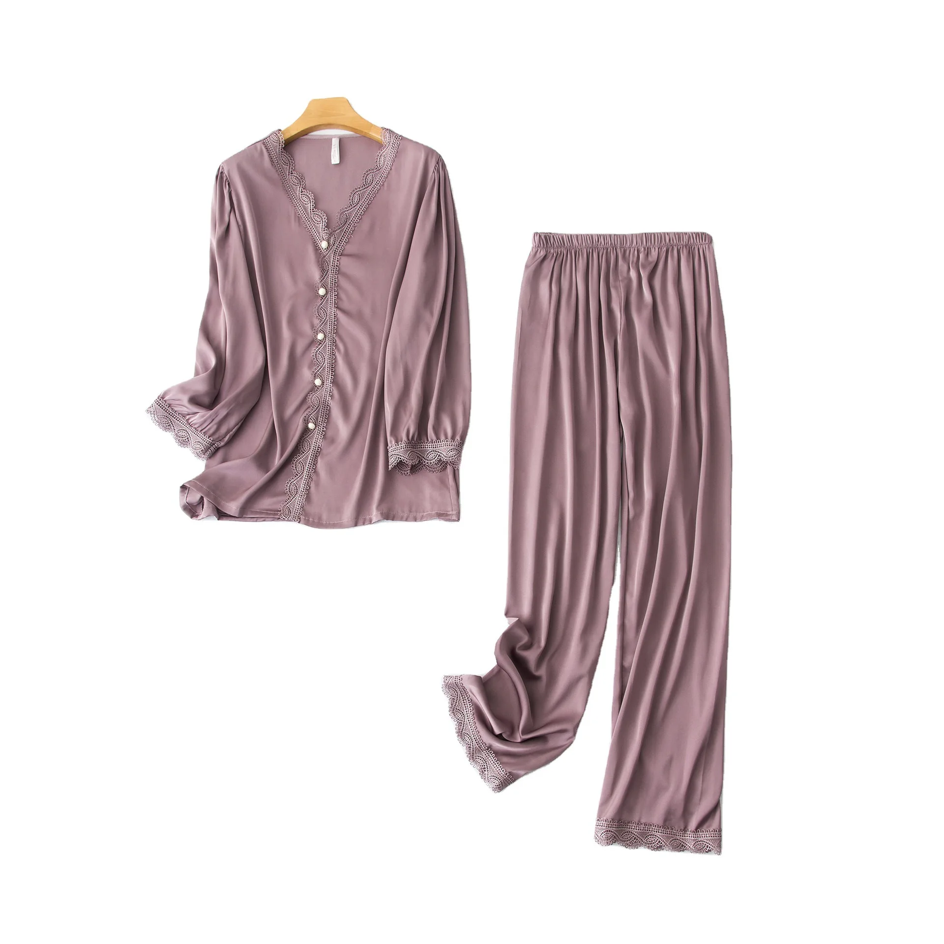 

Customized New Style Sexy Girls V Neck Lace Sleepwear Female Nightgown Two Piece PJ Set For Women, Red, lake blue, purple and pink
