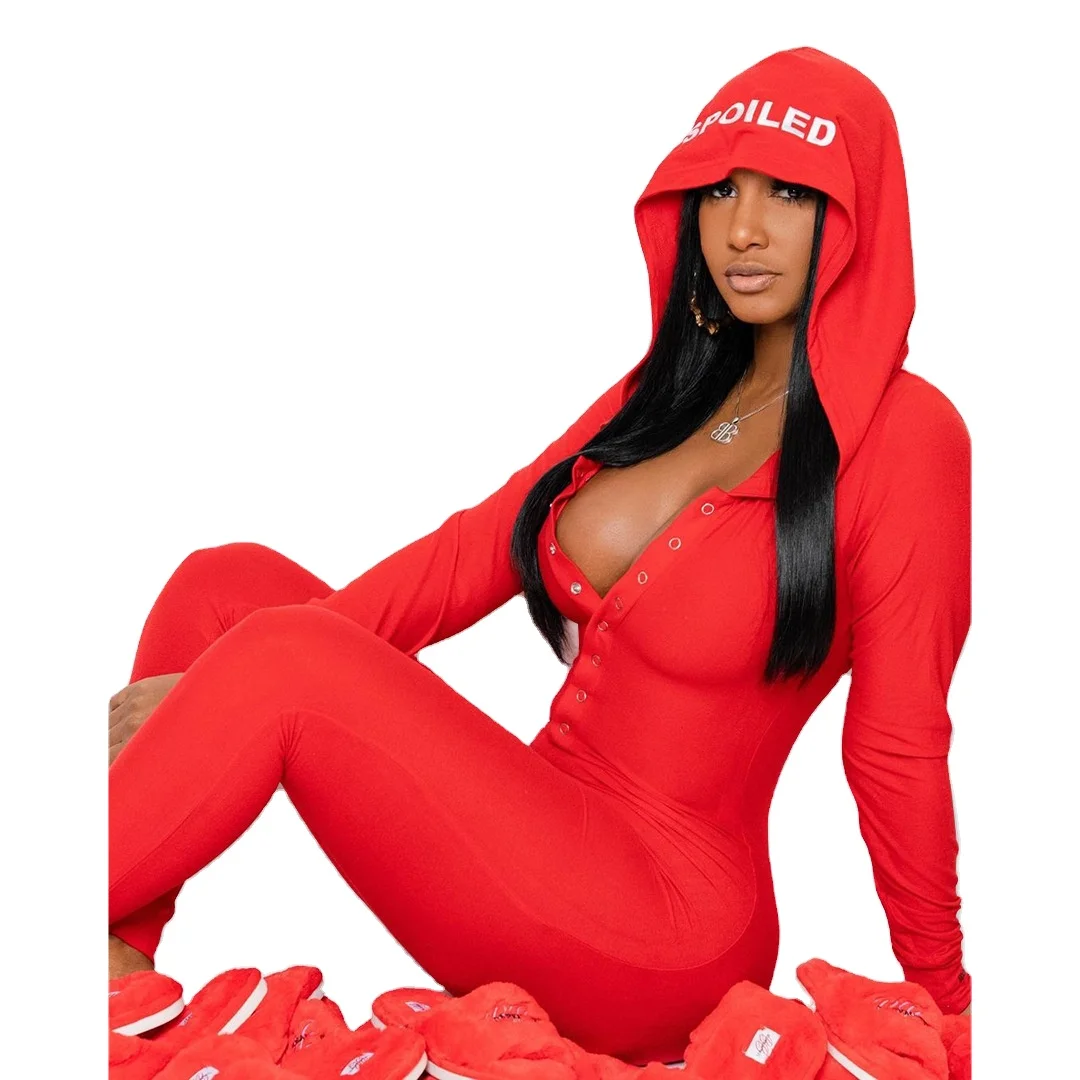 

2021 Custom new Sexy Women onesie baddie sexy solid bodycon onesie with butt flap Knitting Adult Onesie With Hood