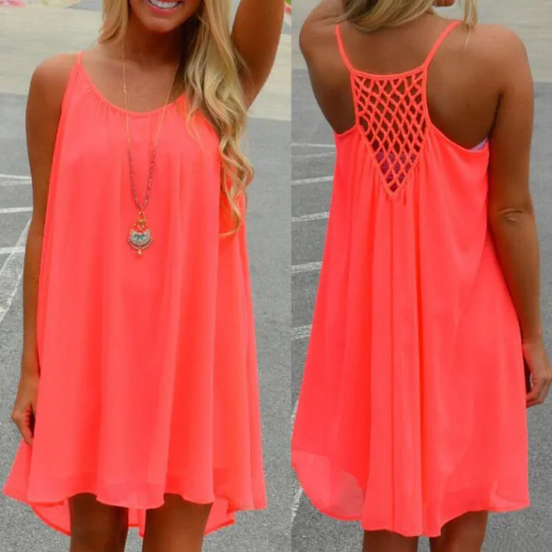 

New Fashion Sexy Casual Dresses Women Summer Sleeveless Evening Party Beach Dress Short Chiffon Mini Dress BOHO Womens Clothing, 14 colors