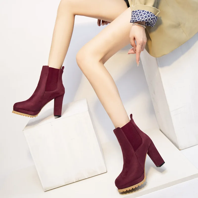 

New Fashion Women Platform Ankle Boots Sexy Square High Heels Round Toe Brown Party 35-43 size