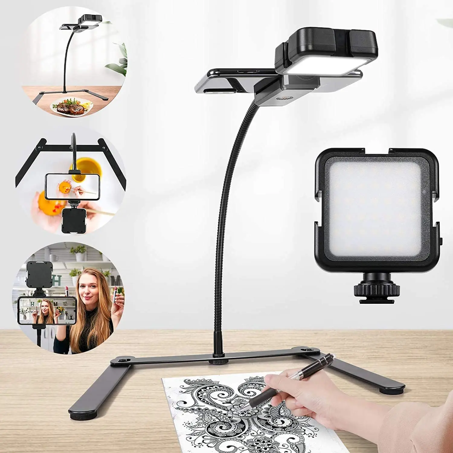 

Overhead Phone Mount Ajustable Tripod With Led Light Cellphone Holder For Live