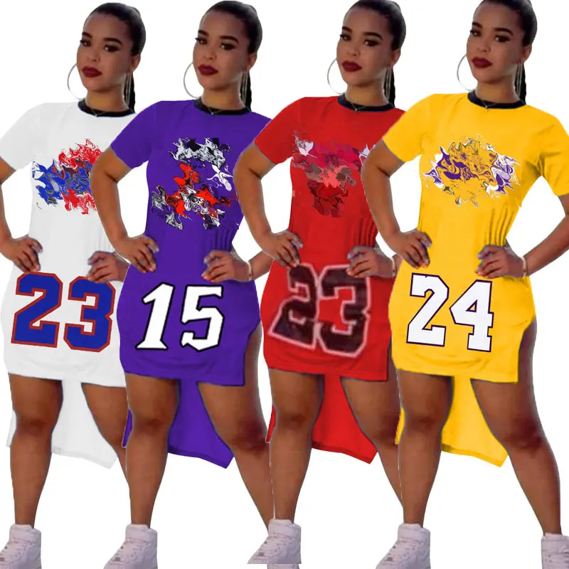 

2021 New Trendy Spring Casual Dresses Short Sleeve Print Sports Skirt Comfortable Slit Basketball Women Jersey Dress, Multicolor