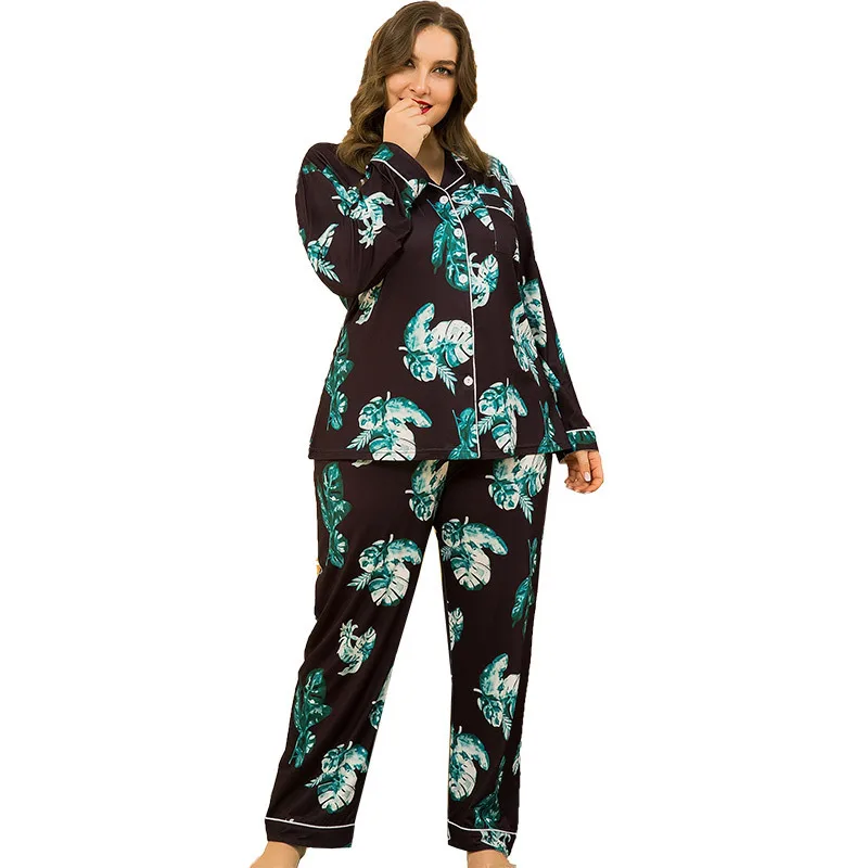 

Autumn Winter Popular Flowers Printed Two Piece Long Sleeve Pajamas Women Winter Pajamas