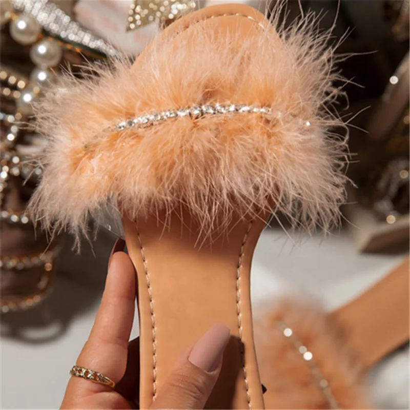 

Big Size 43 Long Soft Fluffy Fur Luxury Diamonds Women Slippers Light Weight Fancy Summer Women Jelly Shoes Slides Sandals, Black pink apricot