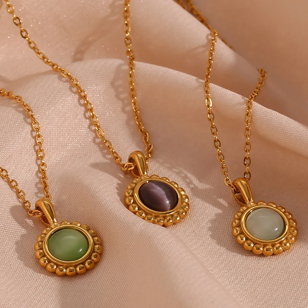 

Vintage Jewelry Colorful Stone Pendant Necklace 18K Gold Plated Sunflower Shape Stainless Steel Necklace