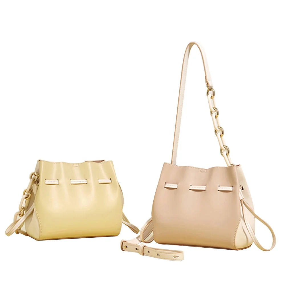 

Custom Patchwork Design Vegan Leather Bag Drawstring Women Bucket Bag Shoulder Crossbody Bags, Light yellow/ beige/ customize