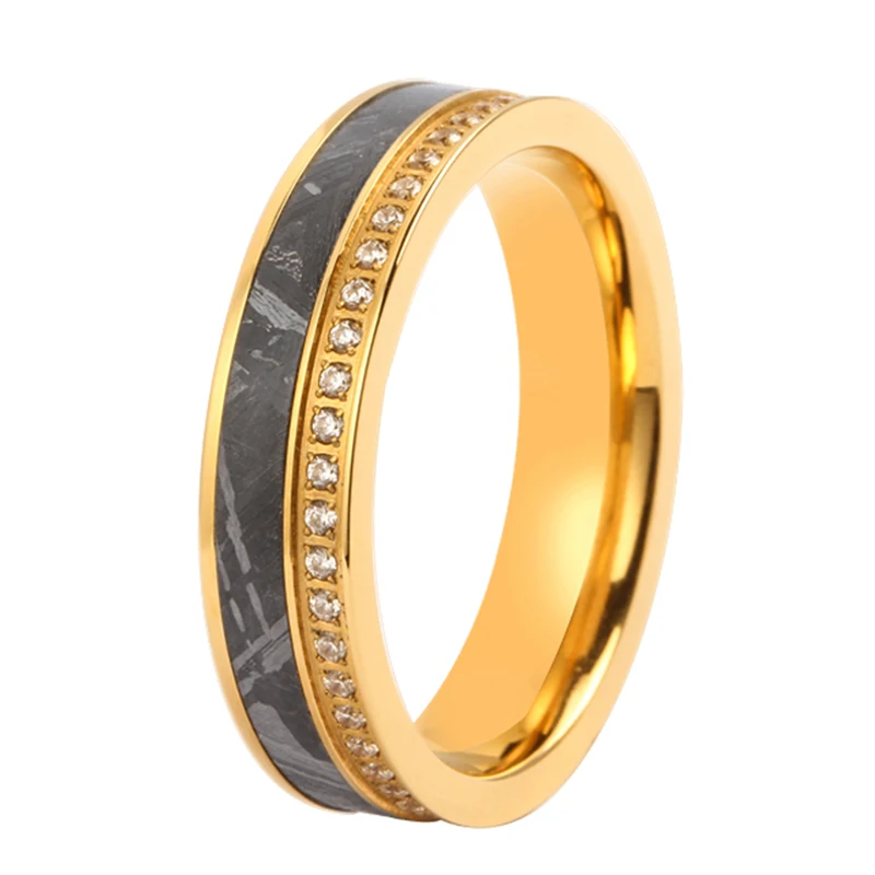 

Custom Gold plated Fashion Jewelry Stainless Steel Men Ring Inlay Meteorite Zircon Anillos Bagues