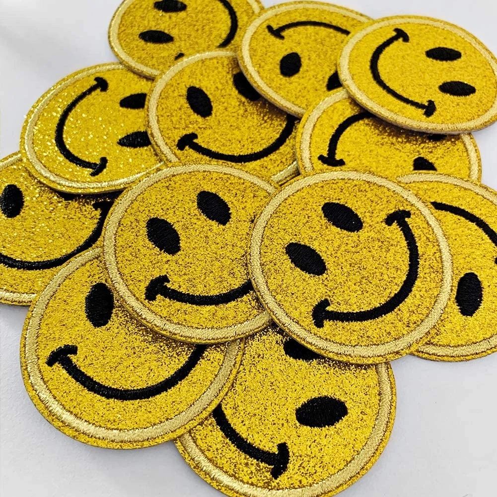 

Yellow Glitter Smiley Face Embroidery Iron On Patches Applique For Clothes Dress Plant Hat Jeans Jacket Bag Sewing Applique